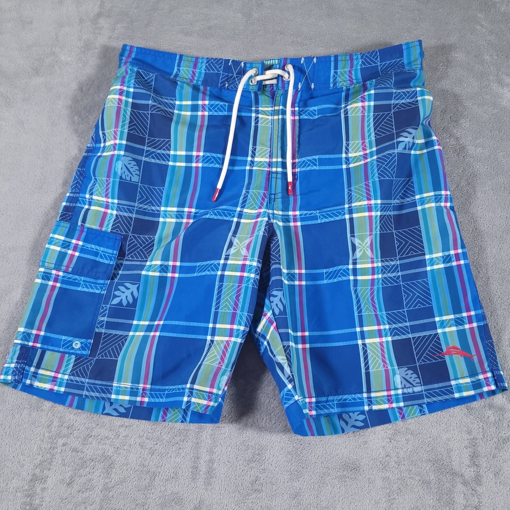 Tommy Bahama Swim Trunks Men Large Blue Plaid Cargo Mesh‎ Lined Board Shorts